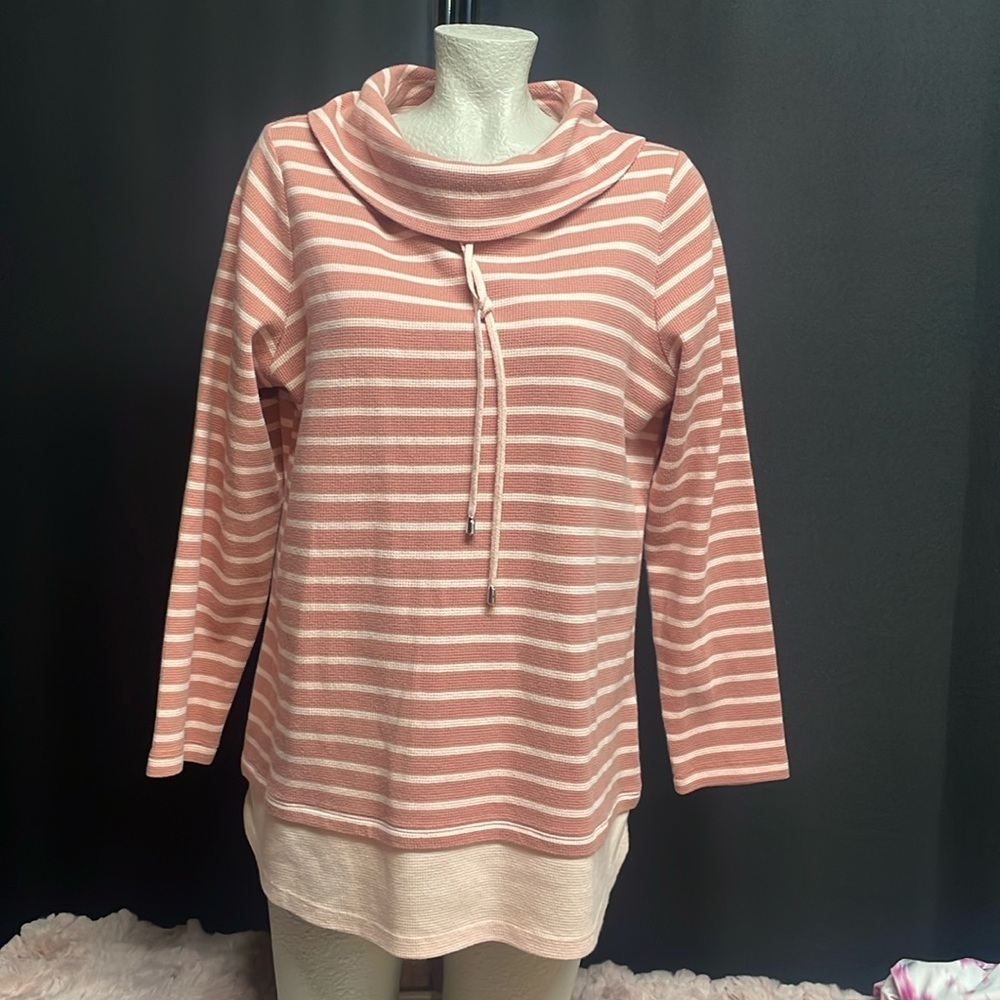 D&Co. Active pink and salmon striped top with with cowl neck, L